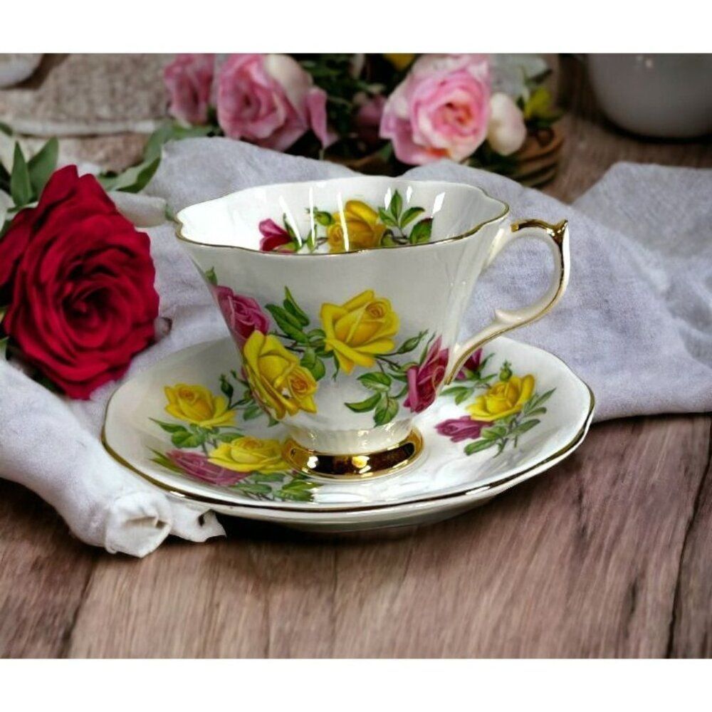 Queen Anne Pink Yellow Red Rose Teacup & Saucer Fine Bone China Vintage Set